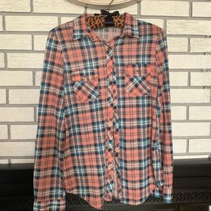 Pink and blue button-up plaid top
